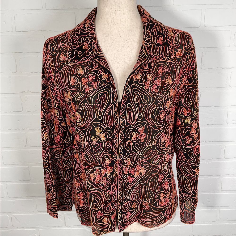 Casual Studio Jacket Women L Black Pink Embroidery Squiggle Resort Nylon Stretch